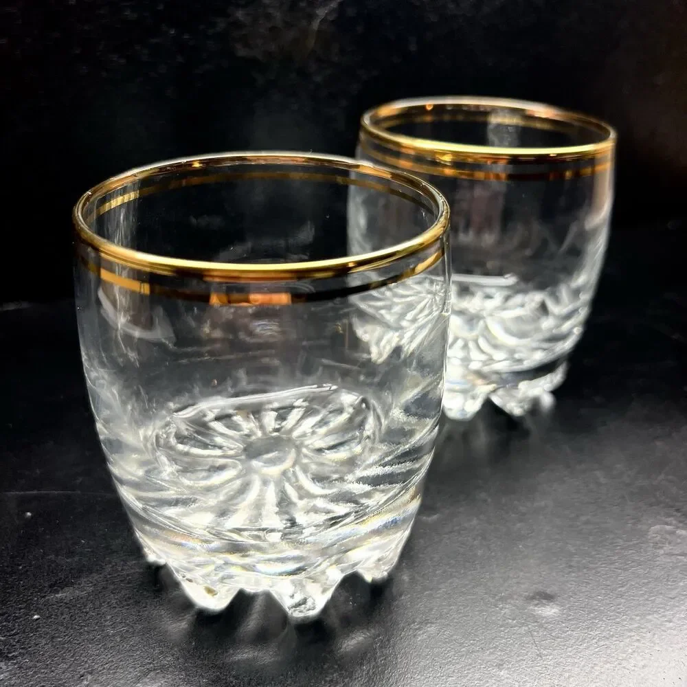 Vintage MCM Old Fashion Rocks Whiskey Glasses Gold Rim Set 2